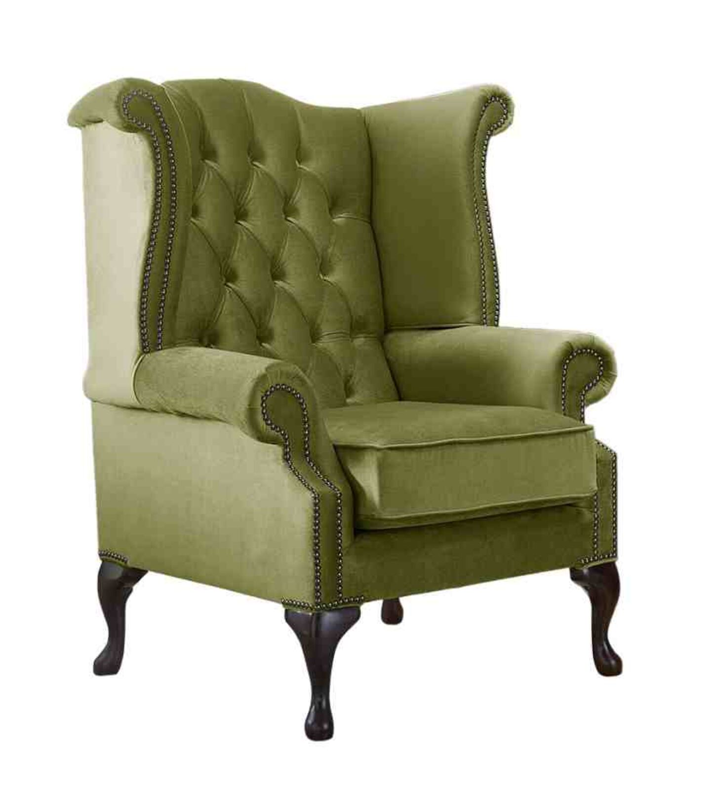 Product photograph of Chesterfield Queen Anne High Back Wing Chair Malta Grass Green Velvet Fabric from Designer Sofas 4U