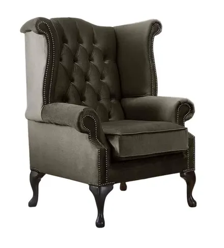Chesterfield Queen Anne High Back Wing Chair Mushroom Brown Velvet Fabric