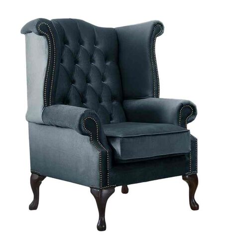 Chesterfield Queen Anne High Back Wing Chair Malta Peacock Blue Velvet Fabric