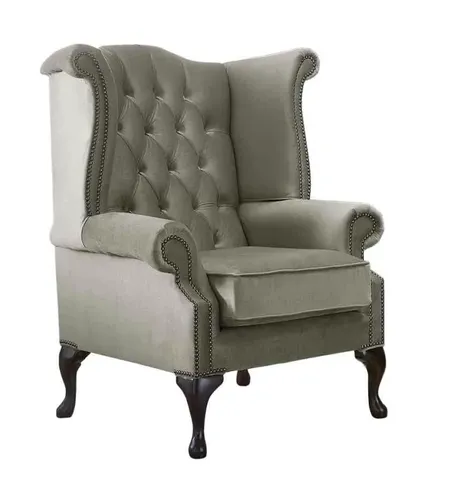 Chesterfield Queen Anne High Back Wing Chair Malta Putty Beige Velvet Fabric