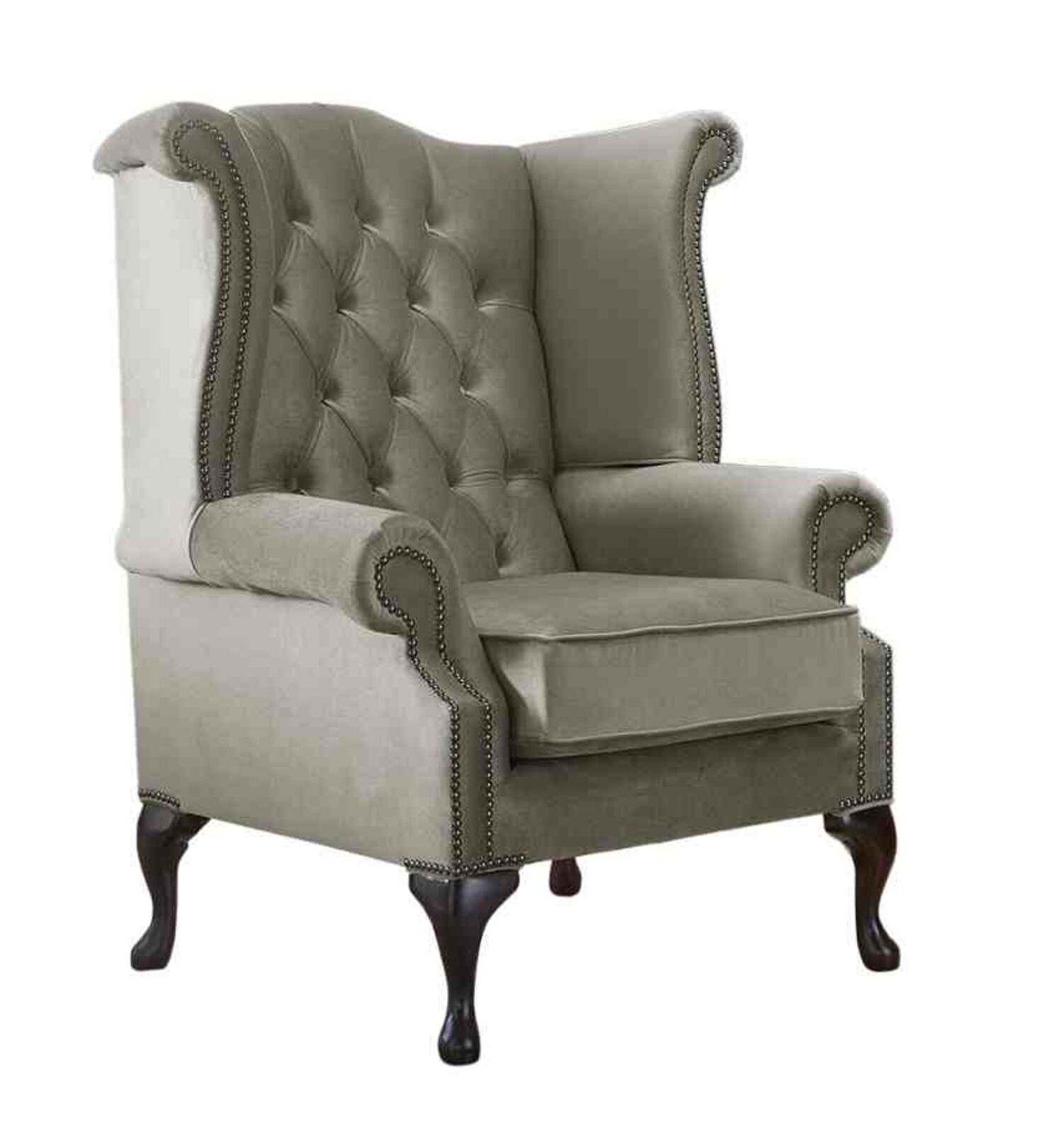 Product photograph of Chesterfield Queen Anne High Back Wing Chair Malta Putty Beige Velvet Fabric from Designer Sofas 4U