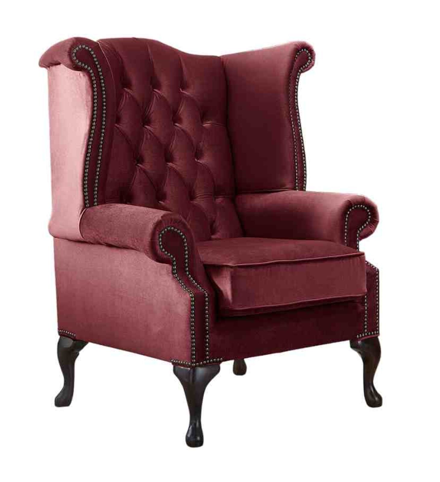 Product photograph of Chesterfield Queen Anne High Back Wing Chair Malta Red Velvet Fabric from Designer Sofas 4U