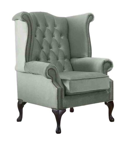 Chesterfield Queen Anne High Back Wing Chair Malta Seaspray Blue Velvet Fabric
