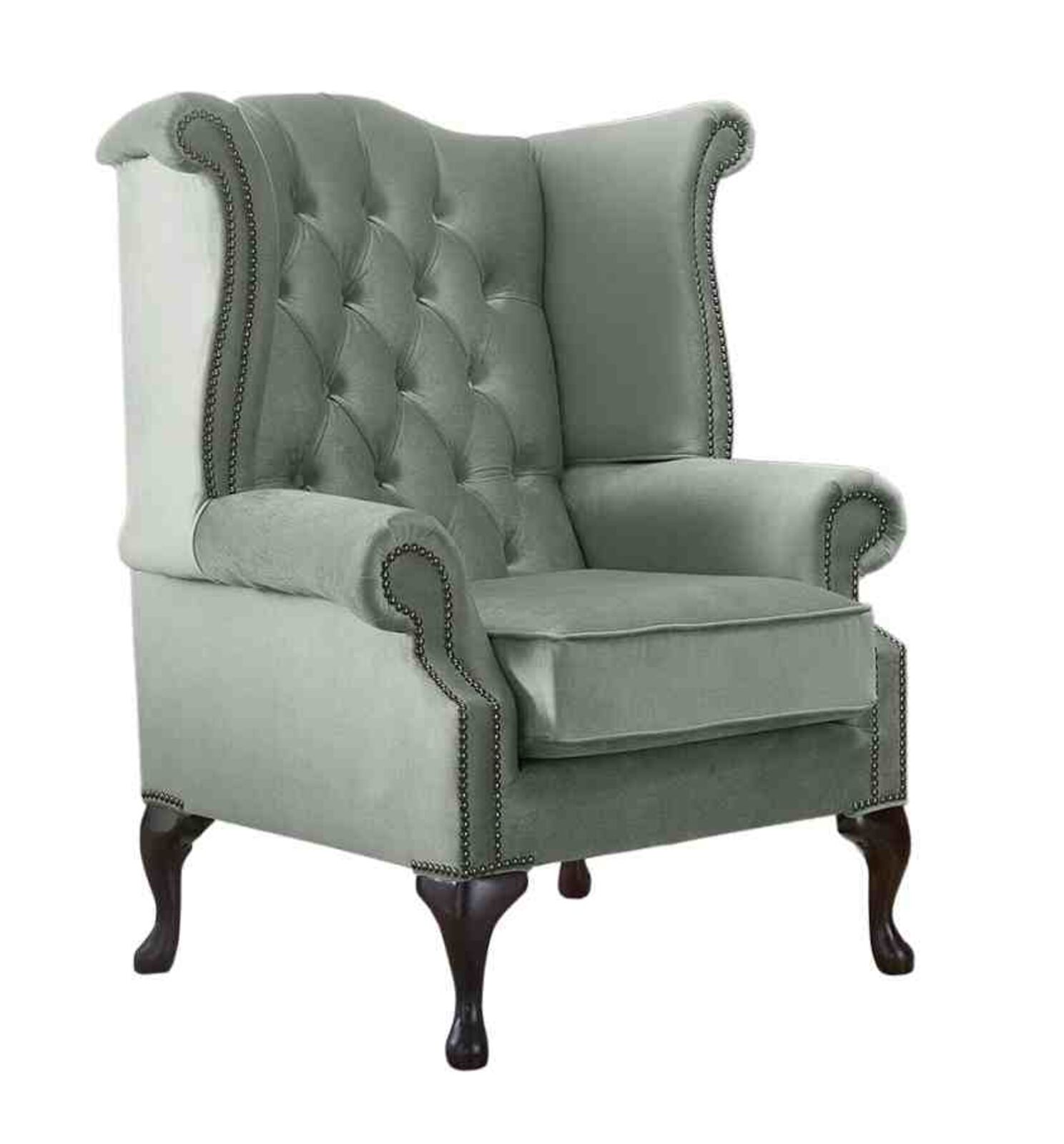 Product photograph of Chesterfield Queen Anne High Back Wing Chair Malta Seaspray Blue Velvet Fabric from Designer Sofas 4U