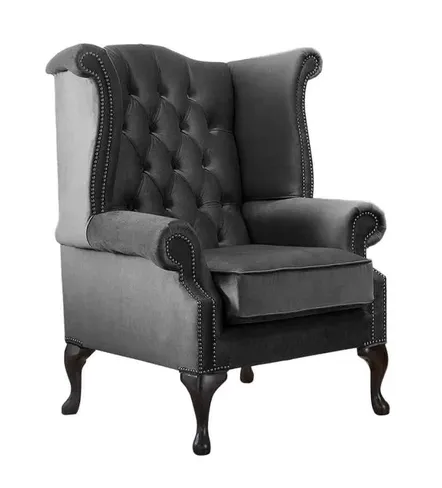 Chesterfield Queen Anne High Back Wing Chair Malta Slate Grey Velvet Fabric