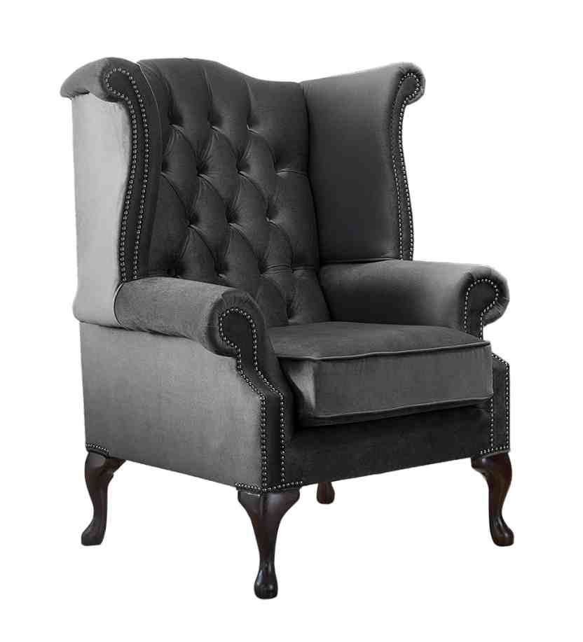 Slate Grey Velvet Fabric Chesterfield, Grey Leather Queen Anne Chair
