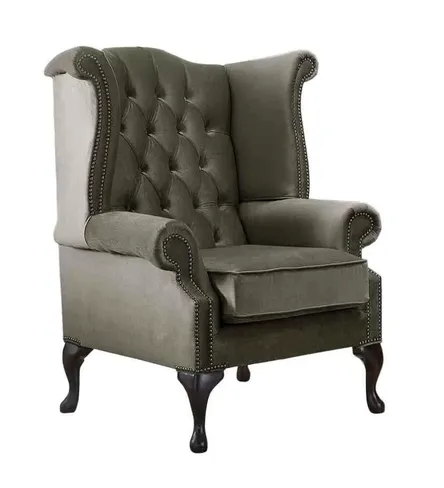 Chesterfield Queen Anne High Back Wing Chair Malta Taupe Beige Velvet Fabric