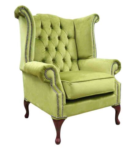 Chesterfield Velvet Queen Anne Wing Chair Grass Green Velvet
