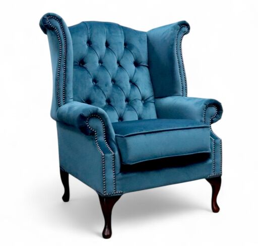 Chesterfield Velvet Queen Anne Wing Chair Peacock Blue Velvet