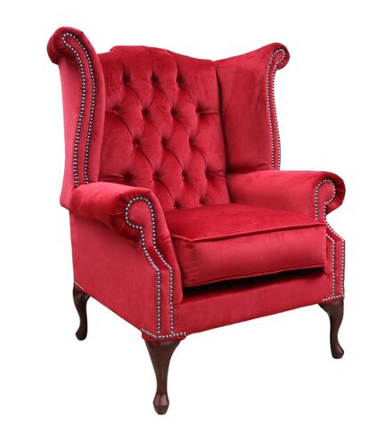 Chesterfield Velvet Queen Anne Wing Chair Red