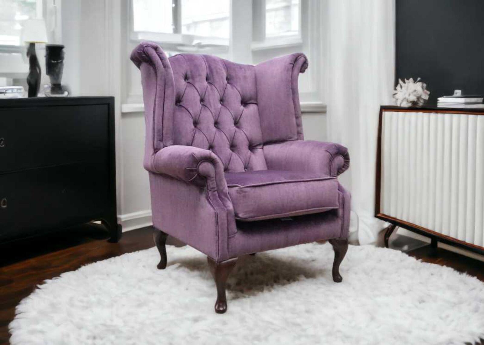 Product photograph of Chesterfield Thomas Queen Anne High Back Wing Chair Odyssey Lavender Velvet from Designer Sofas 4U