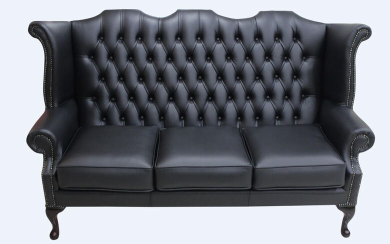 Chesterfield 3 Seater Queen Anne High Back Wing Sofa UK Manufactured Black