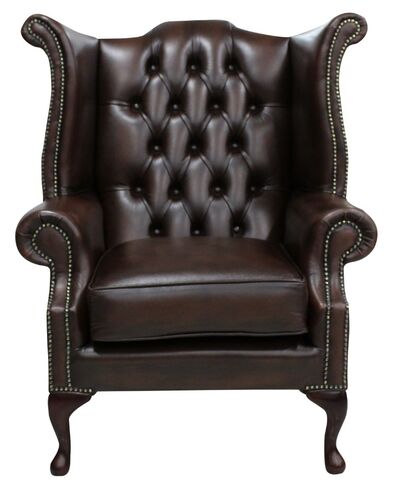 Chesterfield Queen Anne Wing Chair Antique Brown Leather