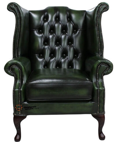 Chesterfield Handmade Queen Anne Wing Chair Antique Green Real Leather