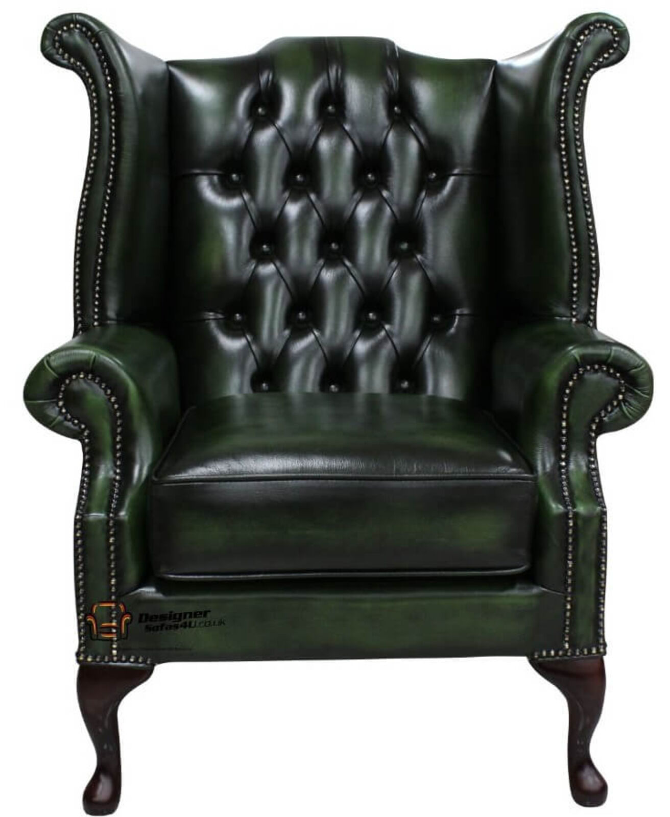 Product photograph of Chesterfield Handmade Queen Anne Wing Chair Antique Green Real Leather from Designer Sofas 4U