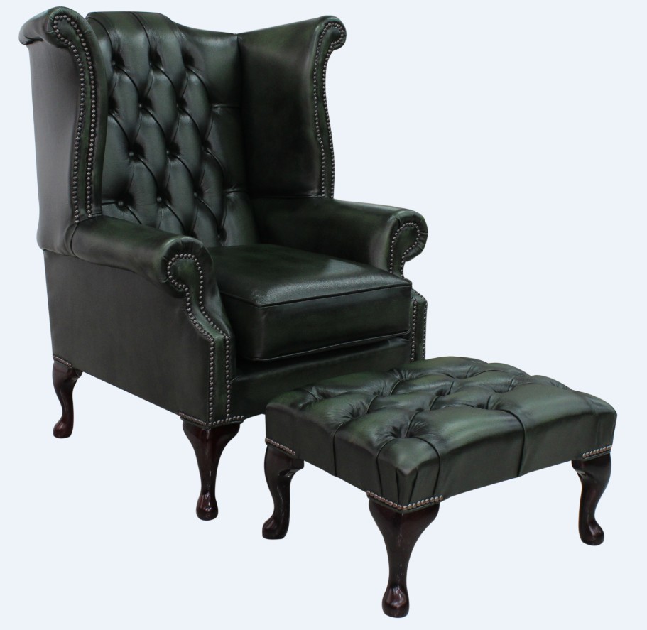 chesterfield offer queen anne high back wing chair antique green leather footstool