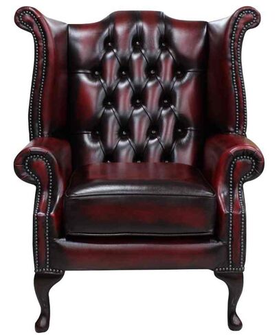 Chesterfield Queen Anne Wing Chair Antique Oxblood Red Real Leather