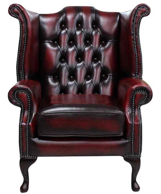 Product photograph of Chesterfield Queen Anne Wing Chair Antique Oxblood Red Real Leather from Designer Sofas 4U