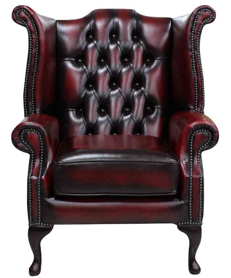 Chesterfield Queen Anne Wing Chair Antique Oxblood Red Real Leather |  Designer Sofas4u
