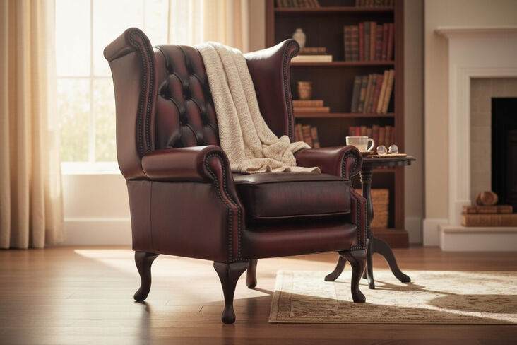 Chesterfield Queen Anne Wing Chair Antique Oxblood Red Real Leather