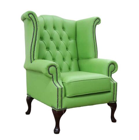 Apple Green Faux Leather Chesterfield Queen Anne Wing chair | DesignerSofas4U