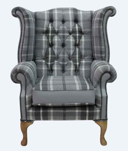 Chesterfield Queen Anne High Back Wing Chair Balmoral Dove Silver Grey Fabric And Leather