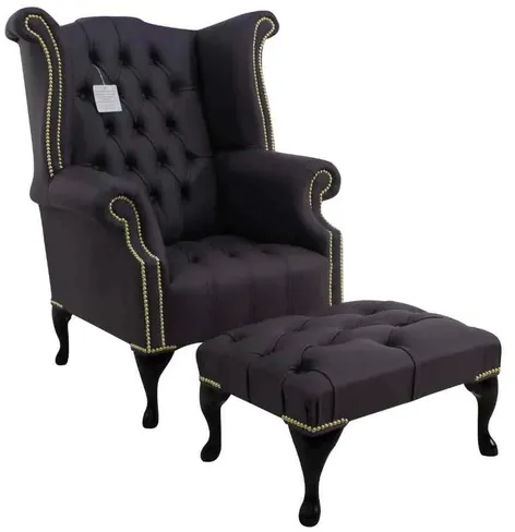 Chesterfield Buttoned Seat Queen Anne High Back Wing Chair Amethyst Purple Leather + Footstool