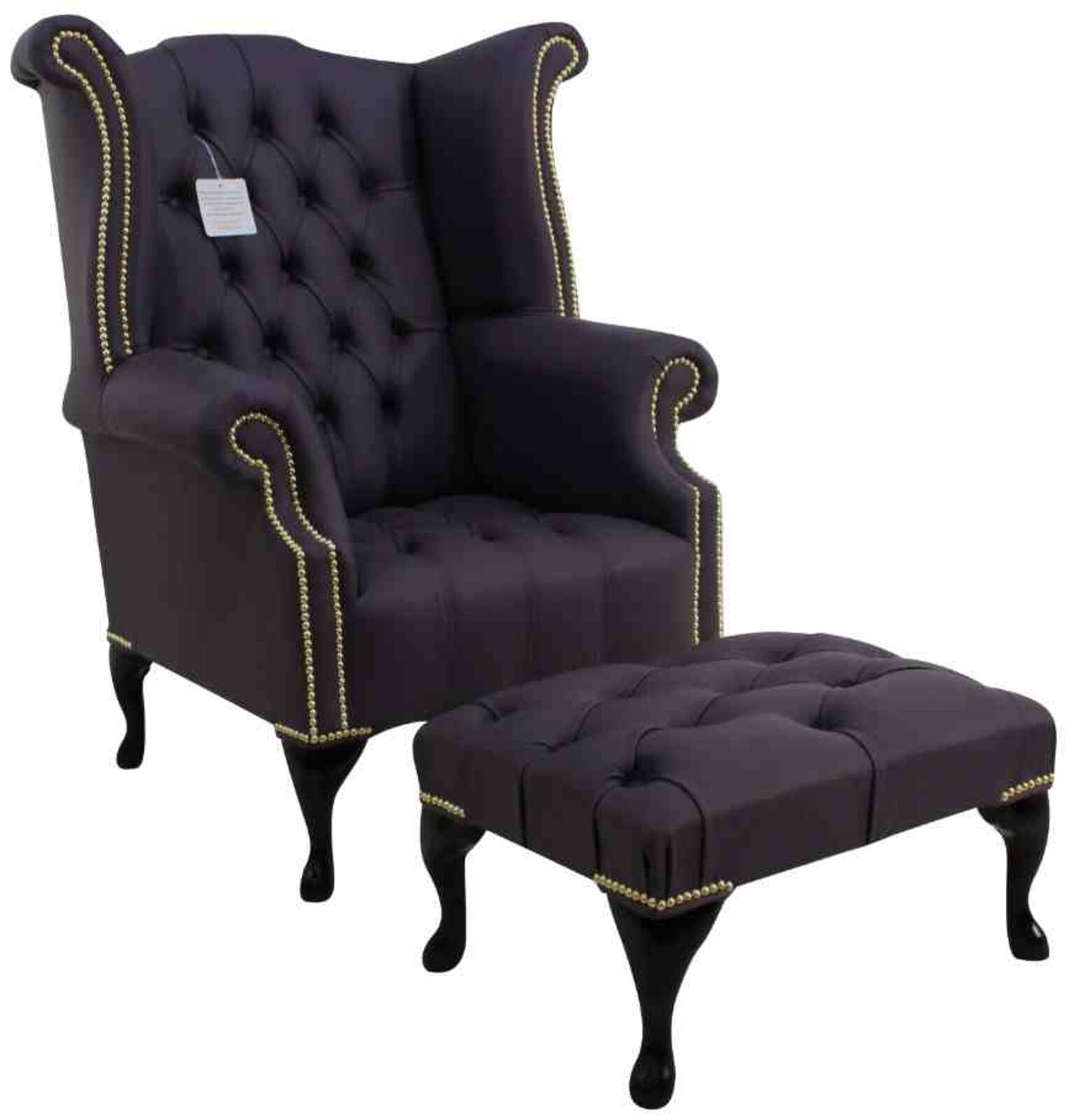Product photograph of Chesterfield Buttoned Seat Queen Anne High Back Wing Chair Amethyst Purple Leather Footstool from Designer Sofas 4U
