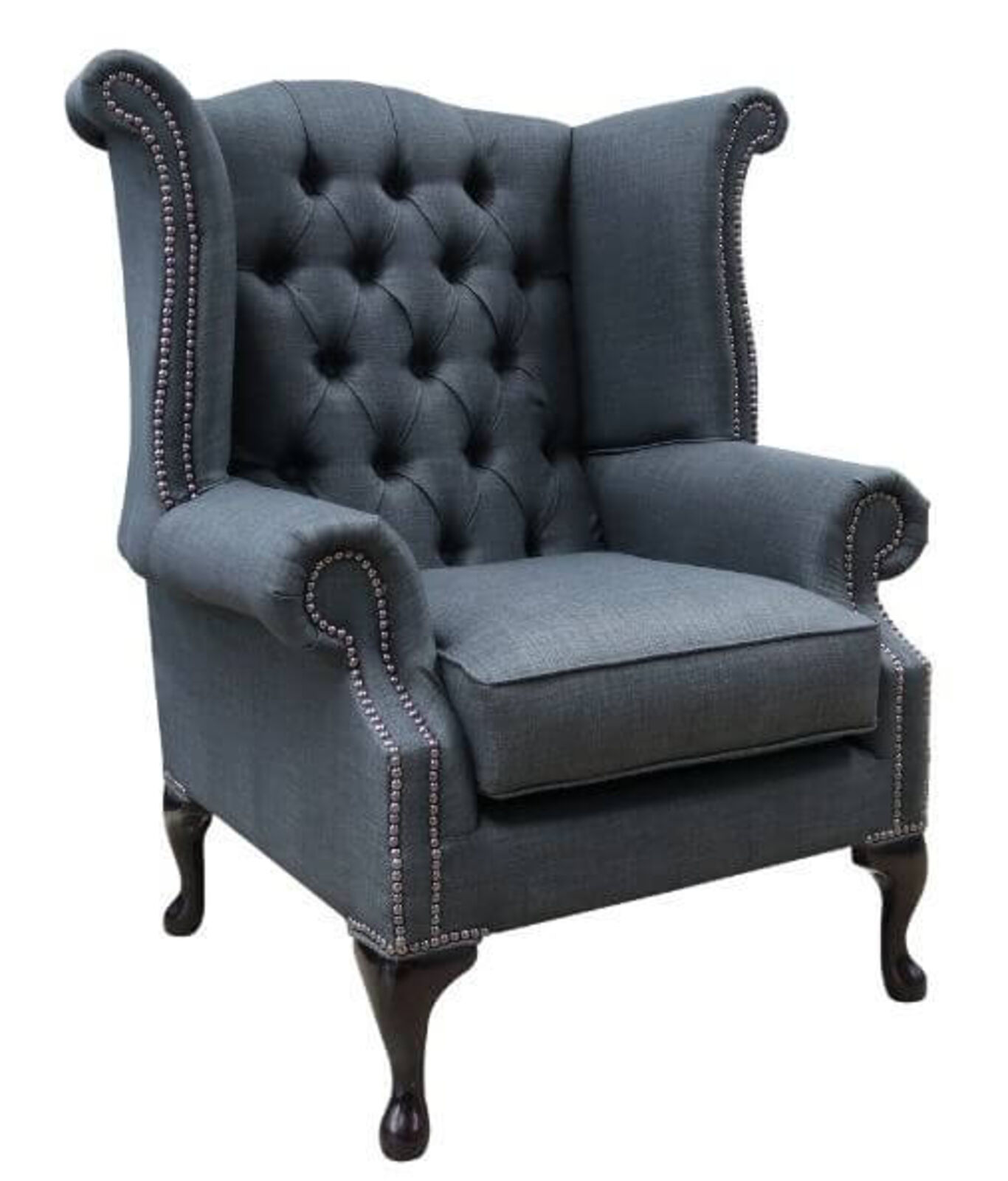 Product photograph of Chesterfield Queen Anne High Back Wing Chair Charles Grey Linen Fabric from Designer Sofas 4U