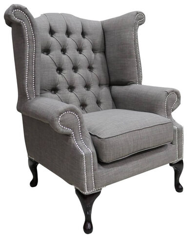 Chesterfield Queen Anne High Back Wing Chair Charles Slate Linen Fabric
