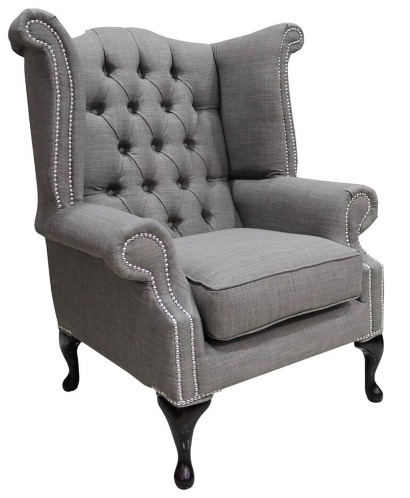 Product photograph of Chesterfield Queen Anne High Back Wing Chair Charles Slate Linen Fabric from Designer Sofas 4U