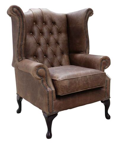 Chesterfield Queen Anne High Back Wing Chair Cracked Wax Tobacco Real Leather