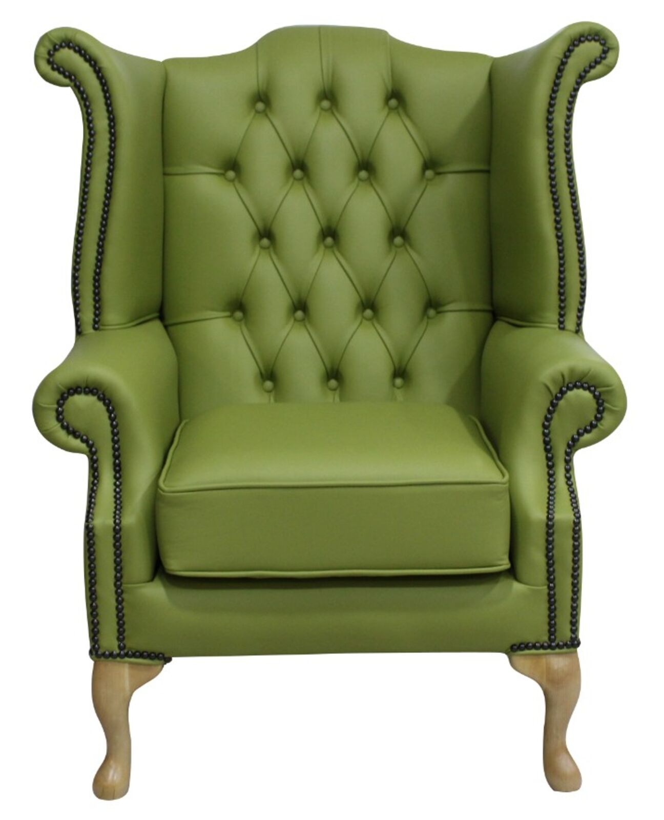 Product photograph of Chesterfield Queen Anne High Back Wing Chair Field Green Leather from Designer Sofas 4U