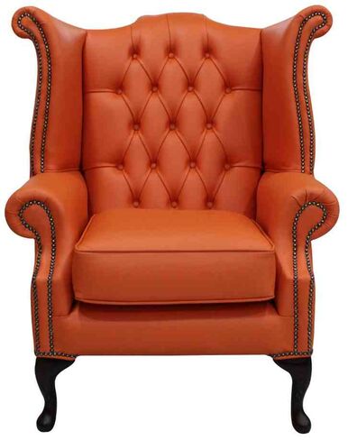 Shelly Flamenco Orange Leather Chesterfield Queen Anne High Back Wing Chair | DesignerSofas4U