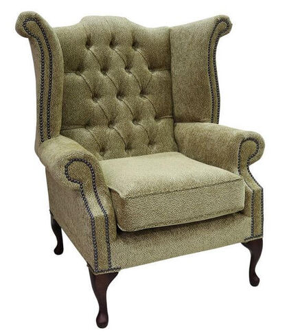 Fontana Fabric Jacquard Gold Chesterfield Fabric Queen Anne High Back Wing Chair | DesignerSofas4U