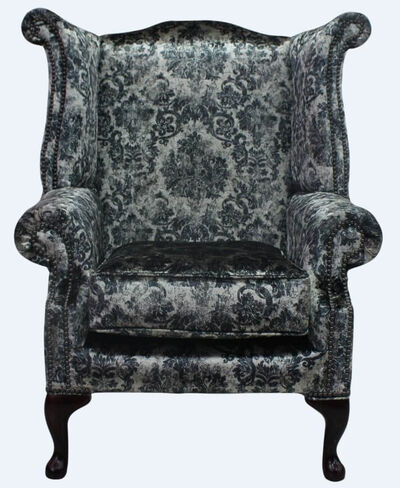 Chesterfield Saxon Queen Anne High Back Wing Chair Georgette Silver Velvet