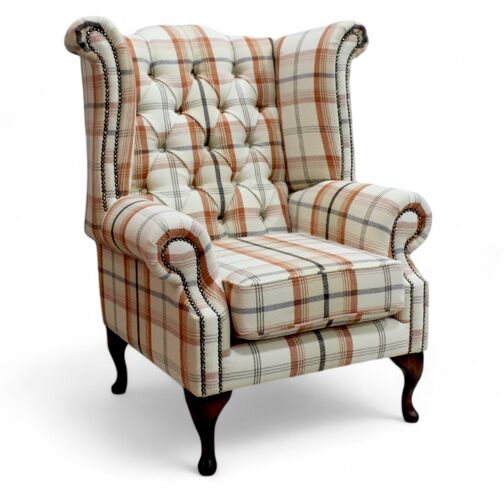 Chesterfield Queen Anne Wing Chair High Back Armchair Balmoral Autumn Checked Fabric P&S