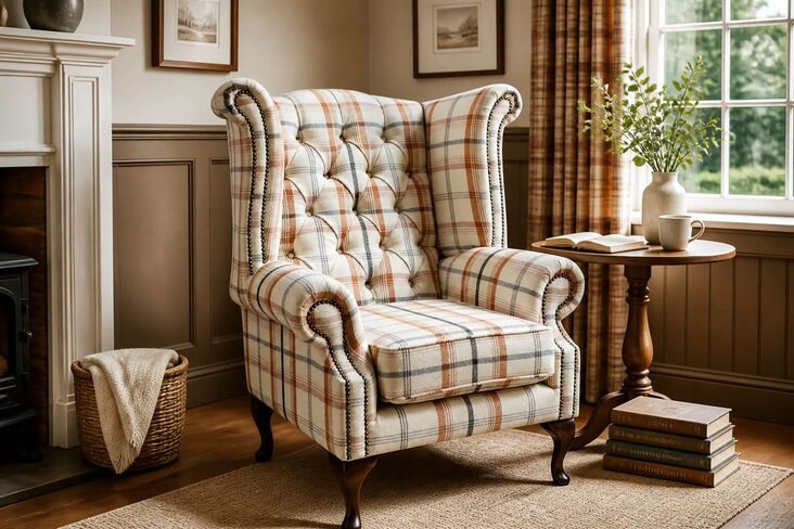 Chesterfield Queen Anne Wing Chair High Back Armchair Balmoral Autumn Checked Fabric P&S