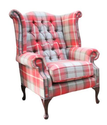 Chesterfield Queen Anne Wing Chair High Back Armchair Balmoral Cherry Checked Fabric P&S