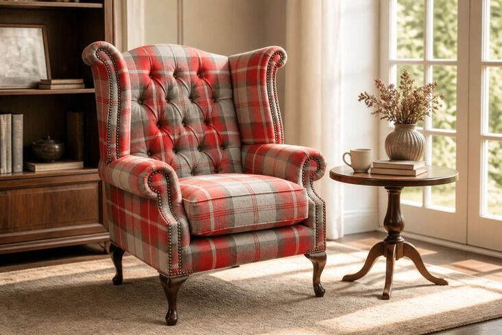 Chesterfield Queen Anne Wing Chair High Back Armchair Balmoral Cherry Checked Fabric P&S