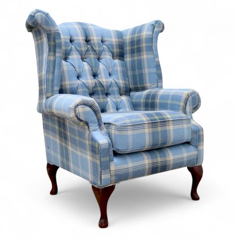 Chesterfield Queen Anne Wing Chair High Back Armchair Balmoral Cornflower Checked Fabric P&S