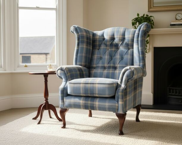 Chesterfield Queen Anne Wing Chair High Back Armchair Balmoral Cornflower Checked Fabric P&S