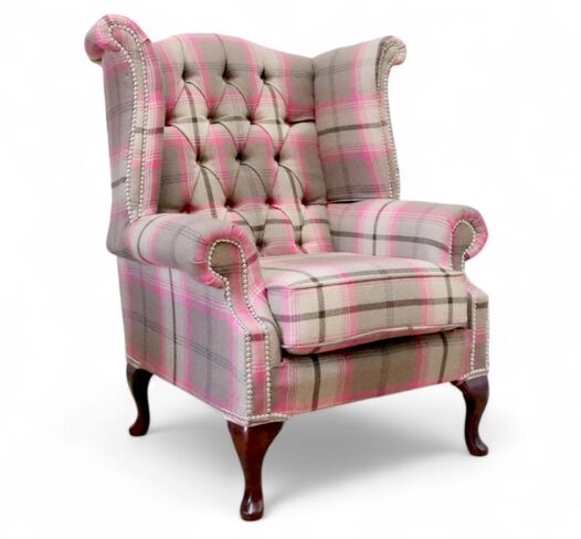 Chesterfield Queen Anne Wing Chair High Back Armchair Balmoral Fuchsia Checked Fabric P&S