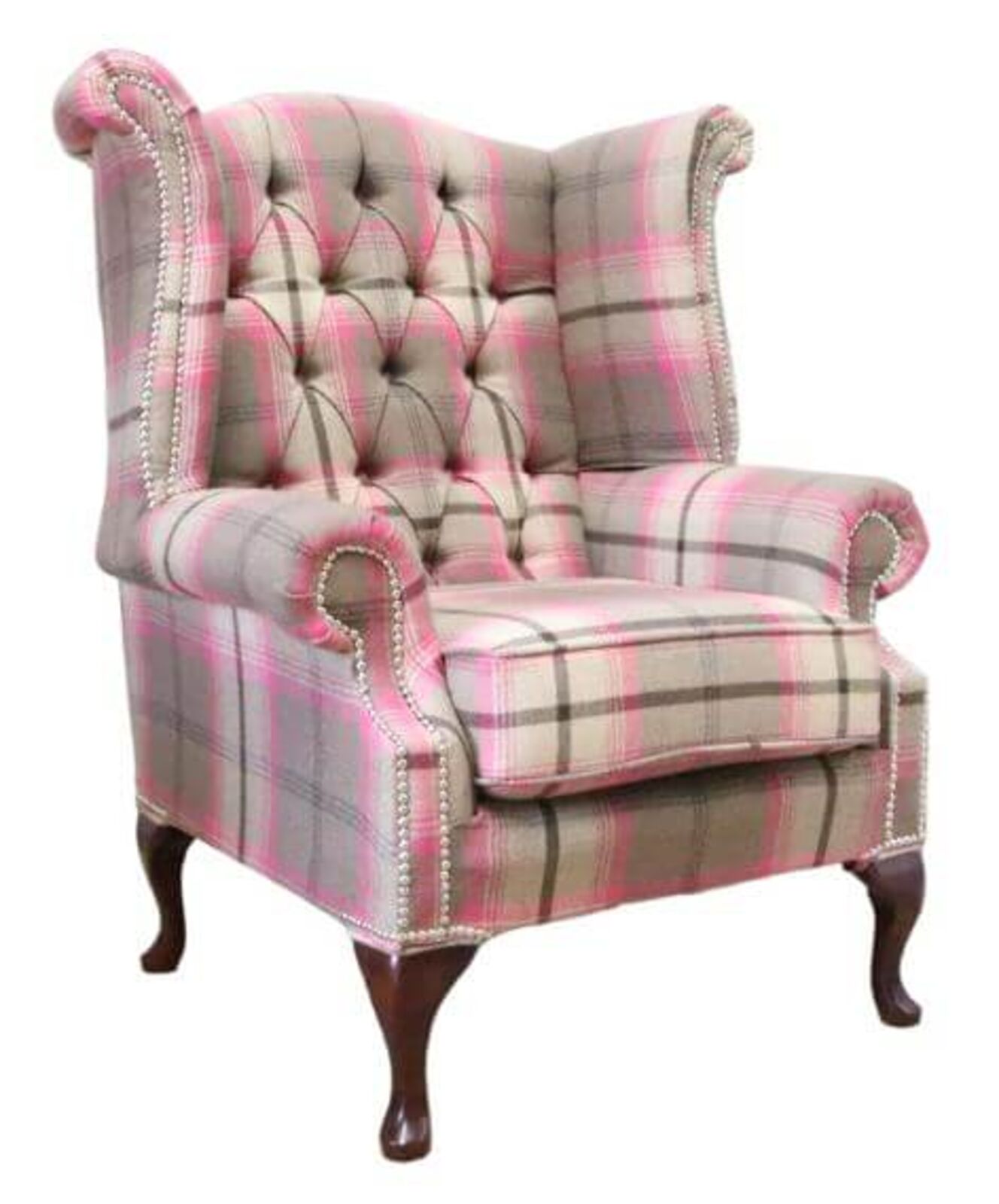 Product photograph of Chesterfield Queen Anne Wing Chair High Back Armchair Balmoral Fuchsia Checked Fabric P Amp S from Designer Sofas 4U