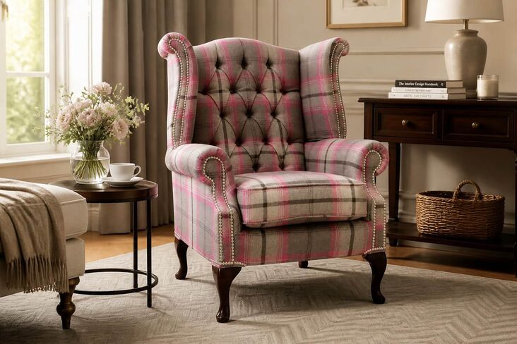 Chesterfield Queen Anne Wing Chair High Back Armchair Balmoral Fuchsia Checked Fabric P&S