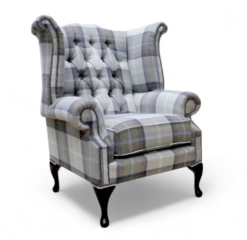 Chesterfield Queen Anne Wing Chair High Back Armchair Balmoral Oxford Blue Checked Fabric P&S