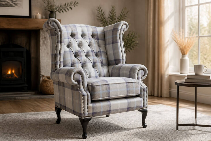 Chesterfield Queen Anne Wing Chair High Back Armchair Balmoral Oxford Blue Checked Fabric P&S