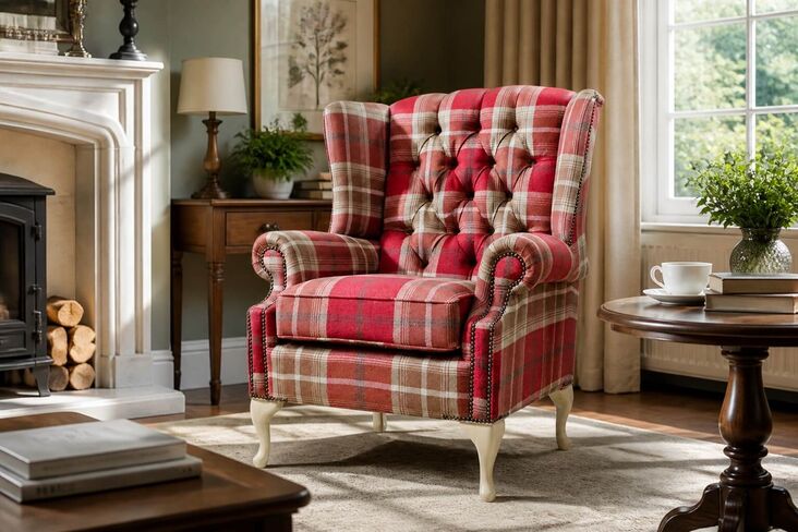 Chesterfield Queen Anne Wing Chair High Back Armchair Balmoral Red Checked Fabric P&S