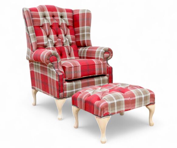 Chesterfield Queen Anne Wing Chair High Back Armchair Balmoral Red Checked Fabric With Footstool
