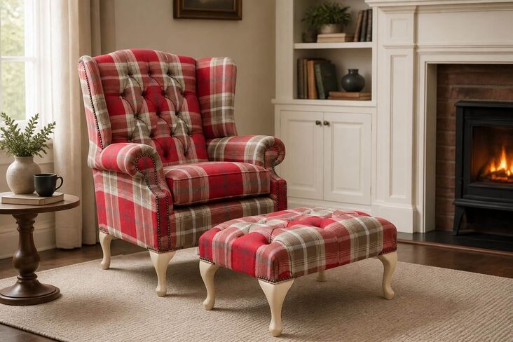 Chesterfield Queen Anne Wing Chair High Back Armchair Balmoral Red Checked Fabric With Footstool